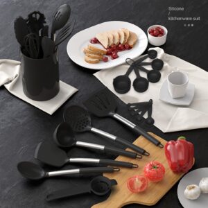 Large Silicone Cooking Utensils Set - Heat Resistant Kitchen Utensils Sets,Spatula,Spoon,Turner Tongs,Brush,Whisk,Stainless Steel Silicone Cooking Utensil for Nonstick Cookware Dishwasher Safe (Black)
