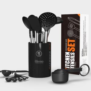 Large Silicone Cooking Utensils Set - Heat Resistant Kitchen Utensils Sets,Spatula,Spoon,Turner Tongs,Brush,Whisk,Stainless Steel Silicone Cooking Utensil for Nonstick Cookware Dishwasher Safe (Black)