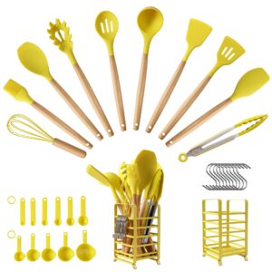 hecef kitchen utensils set, 32 pcs silicone cooking utensils set with stainless steel holder, 446°f heat resistant food grade kitchen gadgets tools set wooden handle for nonstick cookware (yellow)