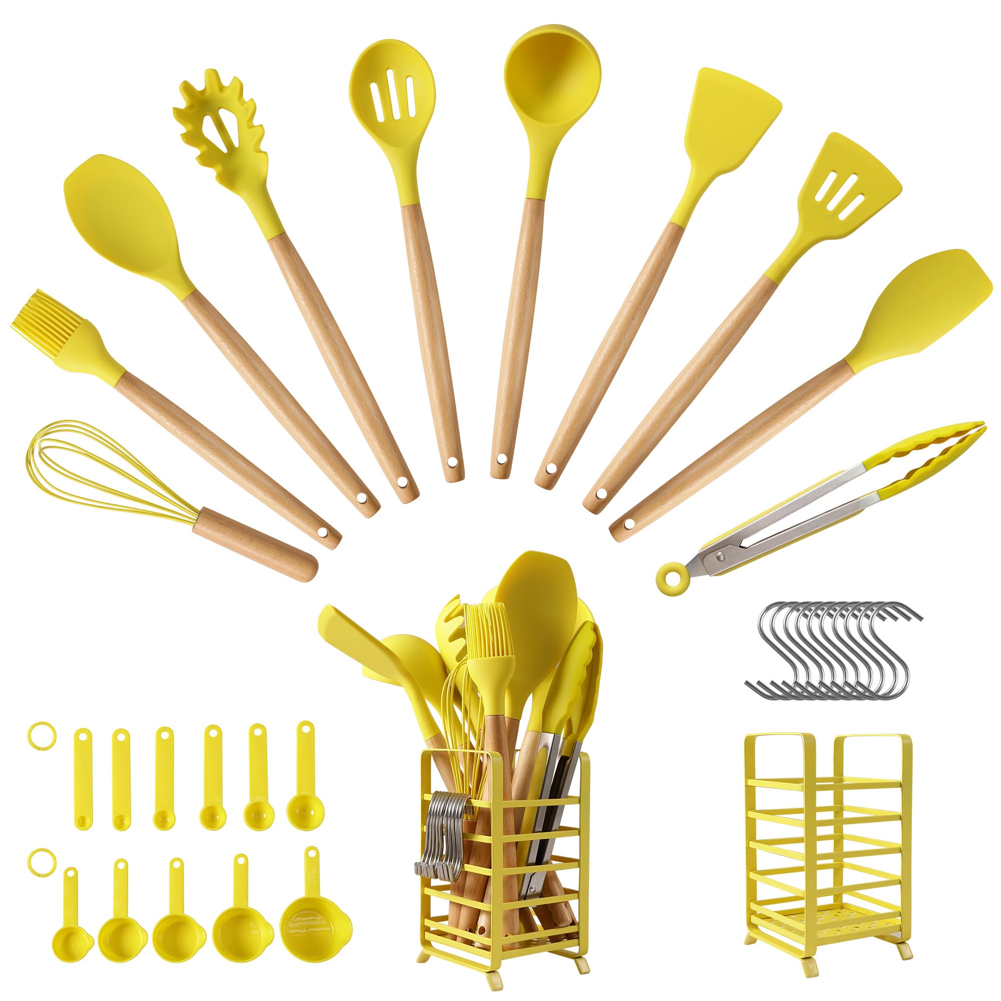 hecef Kitchen Utensils Set, 32 PCS Silicone Cooking Utensils Set with Stainless Steel Holder, 446°F Heat Resistant Food Grade Kitchen Gadgets Tools Set Wooden Handle for Nonstick Cookware (Yellow)