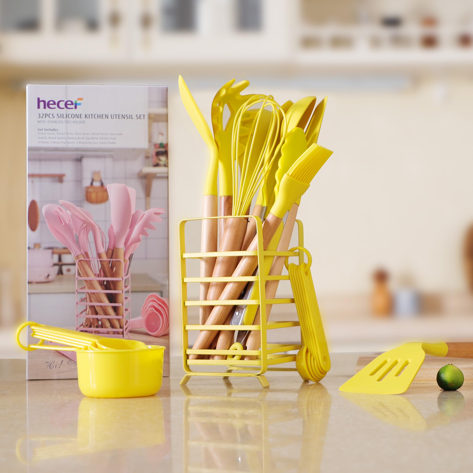 hecef Kitchen Utensils Set, 32 PCS Silicone Cooking Utensils Set with Stainless Steel Holder, 446°F Heat Resistant Food Grade Kitchen Gadgets Tools Set Wooden Handle for Nonstick Cookware (Yellow)