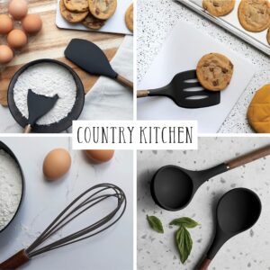 Country Kitchen Silicone Cooking Utensils, 8 Pc Kitchen Utensil Set, Easy to Clean Wooden Kitchen Utensils, Cooking Utensils for Nonstick Cookware, Kitchen Gadgets and Spatula Set - Black