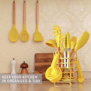 hecef Kitchen Utensils Set, 32 PCS Silicone Cooking Utensils Set with Stainless Steel Holder, 446°F Heat Resistant Food Grade Kitchen Gadgets Tools Set Wooden Handle for Nonstick Cookware (Yellow)
