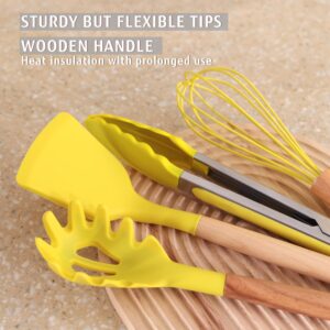 hecef Kitchen Utensils Set, 32 PCS Silicone Cooking Utensils Set with Stainless Steel Holder, 446°F Heat Resistant Food Grade Kitchen Gadgets Tools Set Wooden Handle for Nonstick Cookware (Yellow)