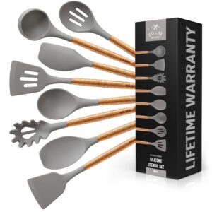 zulay (8 piece) silicone kitchen utensils set for cooking - non-stick silicone cooking utensils set with acacia wood handle - heat resistant spatula set - flexible silicone kitchen set