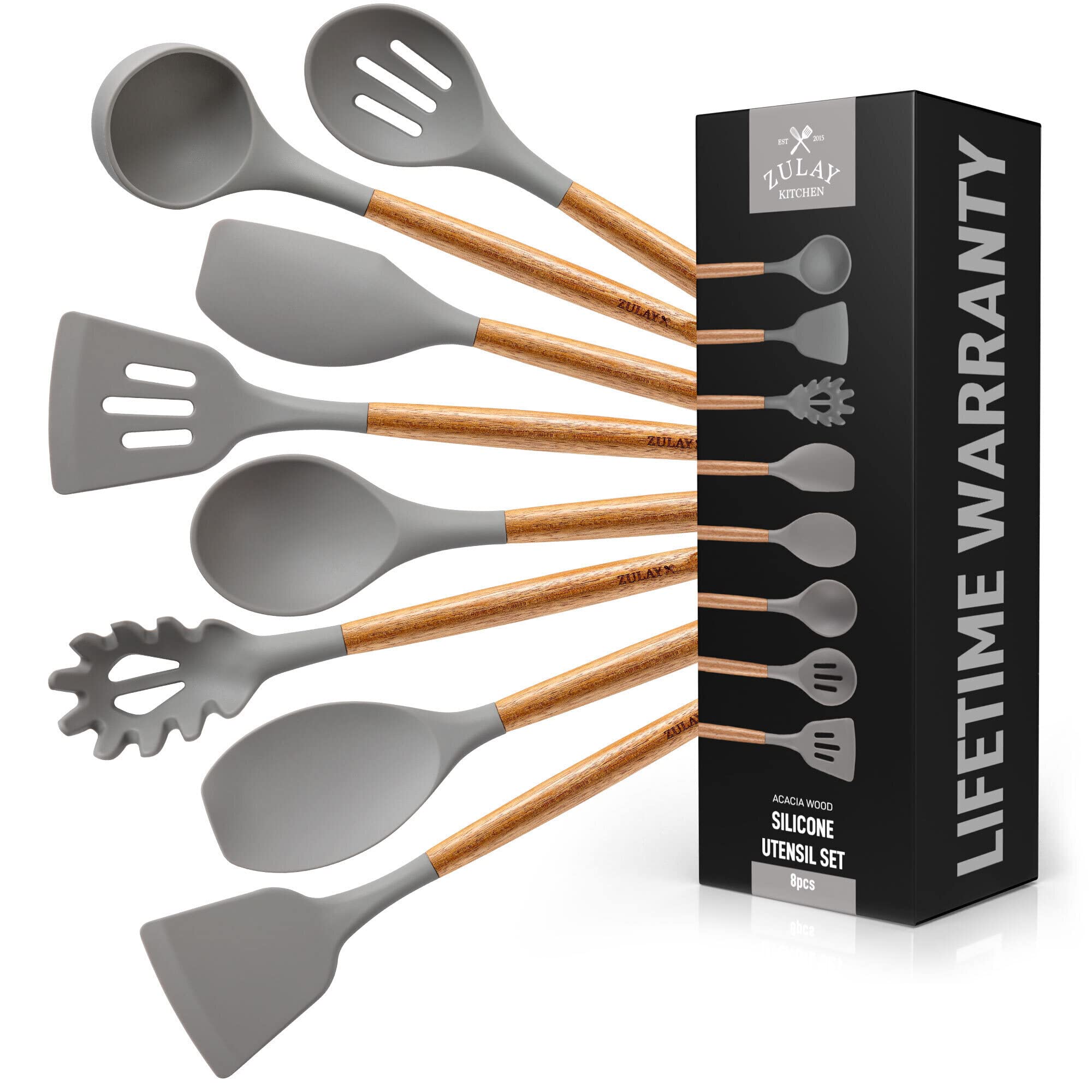 Zulay (8 Piece) Silicone Kitchen Utensils Set For Cooking - Non-Stick Silicone Cooking Utensils Set With Acacia Wood Handle - Heat Resistant Spatula Set - Flexible Silicone Kitchen Set