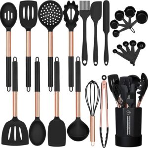 silicone cooking utensil set, fungun 24pcs silicone cooking kitchen utensils set, non-stick heat resistant - best kitchen spatulas set with copper stainless steel handle - black(bpa free, non toxic)