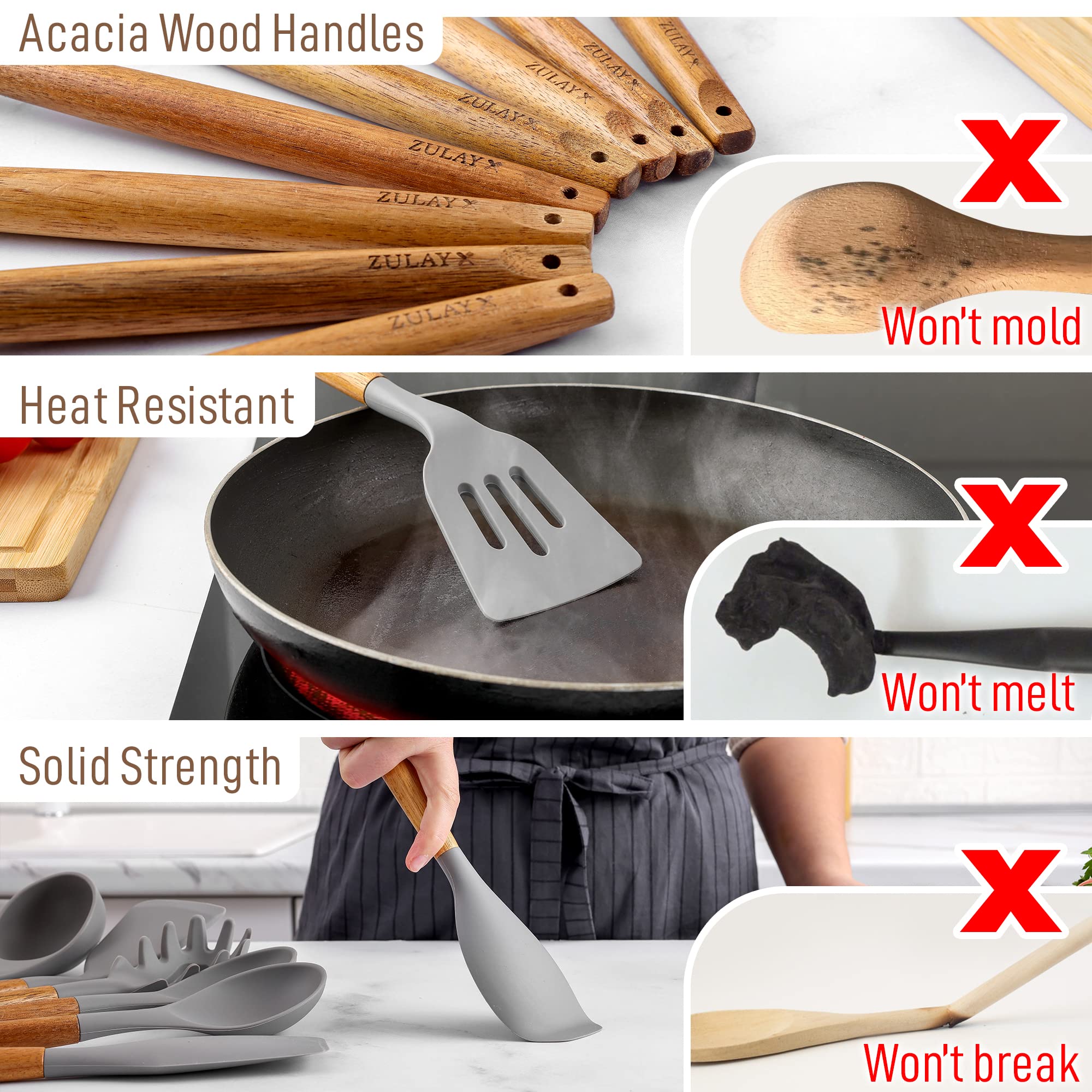 Zulay (8 Piece) Silicone Kitchen Utensils Set For Cooking - Non-Stick Silicone Cooking Utensils Set With Acacia Wood Handle - Heat Resistant Spatula Set - Flexible Silicone Kitchen Set