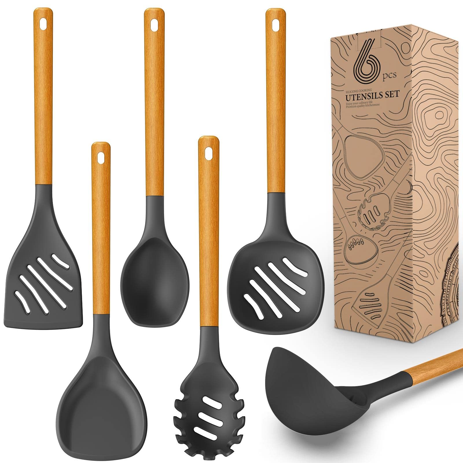 Large Silicone Cooking Utensils Set - Heat Resistant Silicone Utensils for Cooking w Long Wooden Handles, Kitchen Utensil Spatula Set, Kitchen Gadgets for Non-Stick Cookware, BPA Free(Grey)