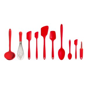 gir: get it right - 10 piece silicone utensil set - ladle, spatulas, flip, spoons, whisk, potato peeler & spoonula, heat resistant, dishwasher safe, kitchen utensil, baking supplies - red