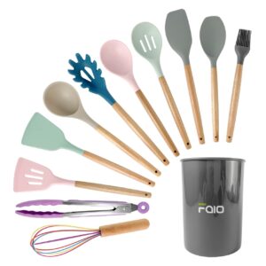 kitchen utensils set - 12 pieces silicone with wooden handle non-stick kitchen gadgets bpa-free, non-toxic and odorless