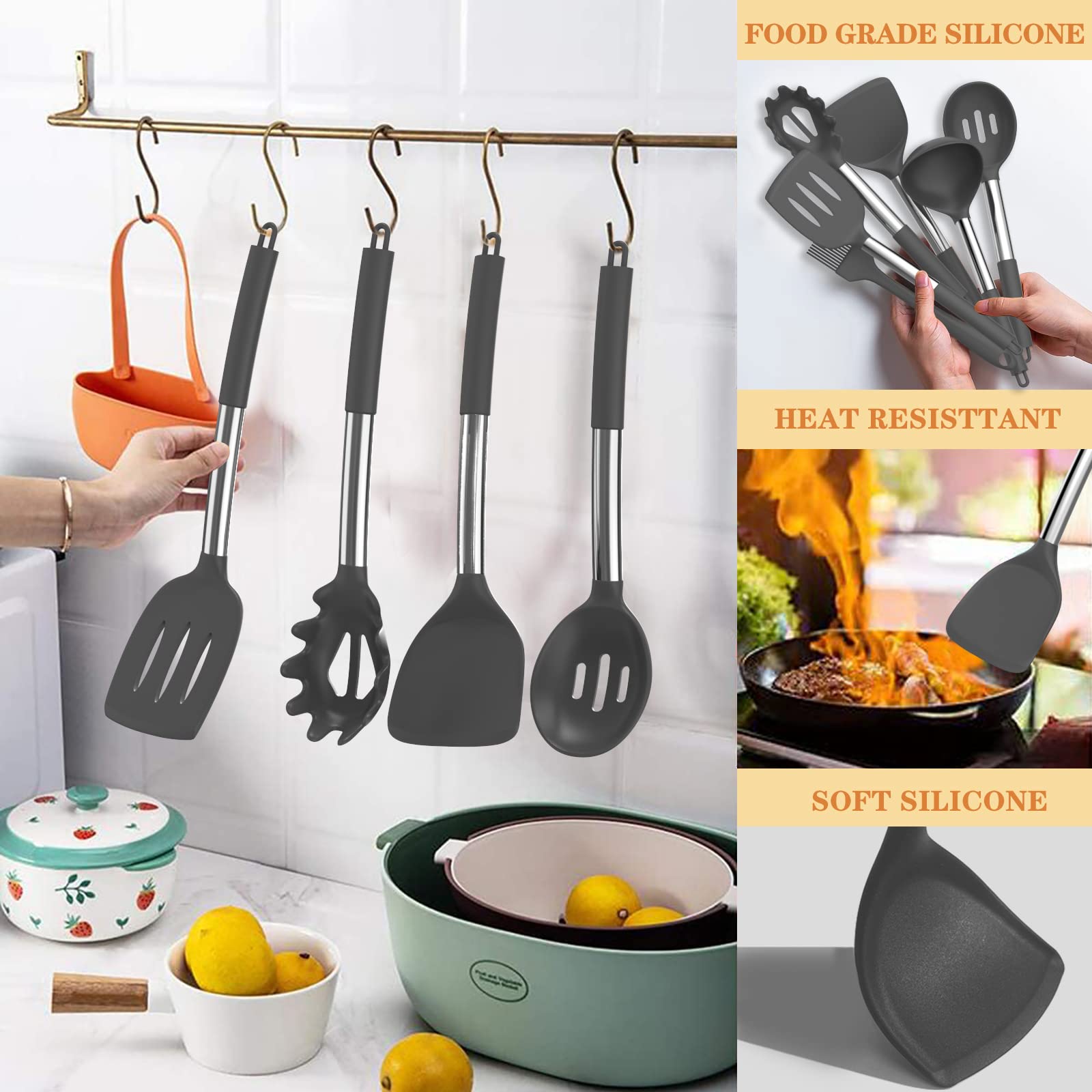 Silicone Cooking Utensil Set, Umite Chef 43 PCS Heat Resistant Kitchen Utensil Gadgets Set-Stainless Steel Handle- Kitchen Spatula Tools for Nonstick Cookware, Pots and Pans Accessories(Grey)