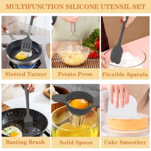 Silicone Cooking Utensil Set, Umite Chef 43 PCS Heat Resistant Kitchen Utensil Gadgets Set-Stainless Steel Handle- Kitchen Spatula Tools for Nonstick Cookware, Pots and Pans Accessories(Grey)