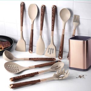 Chef Kitchen Cooking Utensils Set, Non-Stick Silicone Cooking Kitchen Utensil Set with Holder, Wooden Handle Silicone Kitchen Gadgets Utensil Set (OakWood)