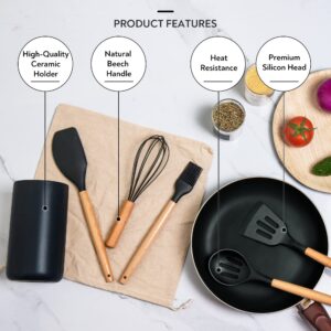 Lanzo Design Kitchen Utensil Set, 13 pcs Non-Stick Silicone Cooking Utensils Spatula Set with Ceramic Holder (Black Holder)