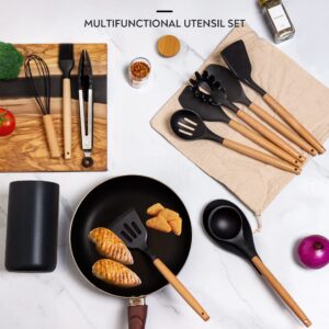 Lanzo Design Kitchen Utensil Set, 13 pcs Non-Stick Silicone Cooking Utensils Spatula Set with Ceramic Holder (Black Holder)