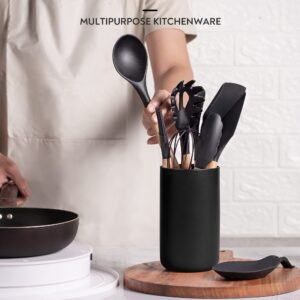 Lanzo Design Kitchen Utensil Set, 13 pcs Non-Stick Silicone Cooking Utensils Spatula Set with Ceramic Holder (Black Holder)