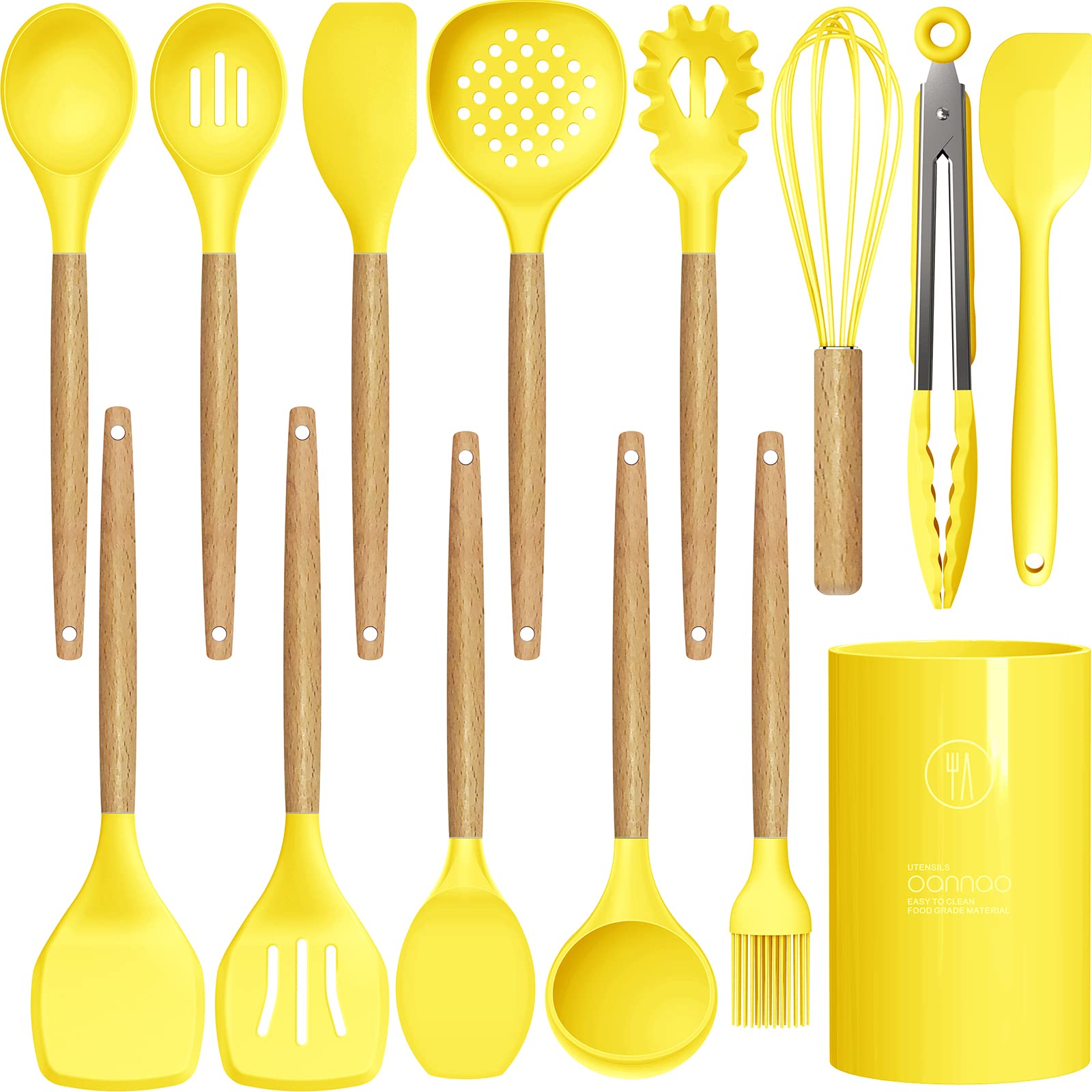 14 Pcs Silicone Cooking Utensils Kitchen Utensil Set - 446°F Heat Resistant,Turner Tongs,Spatula,Spoon,Brush,Whisk, Wooden Handles Yellow Kitchen Gadgets Tools Set for Nonstick Cookware (BPA Free)