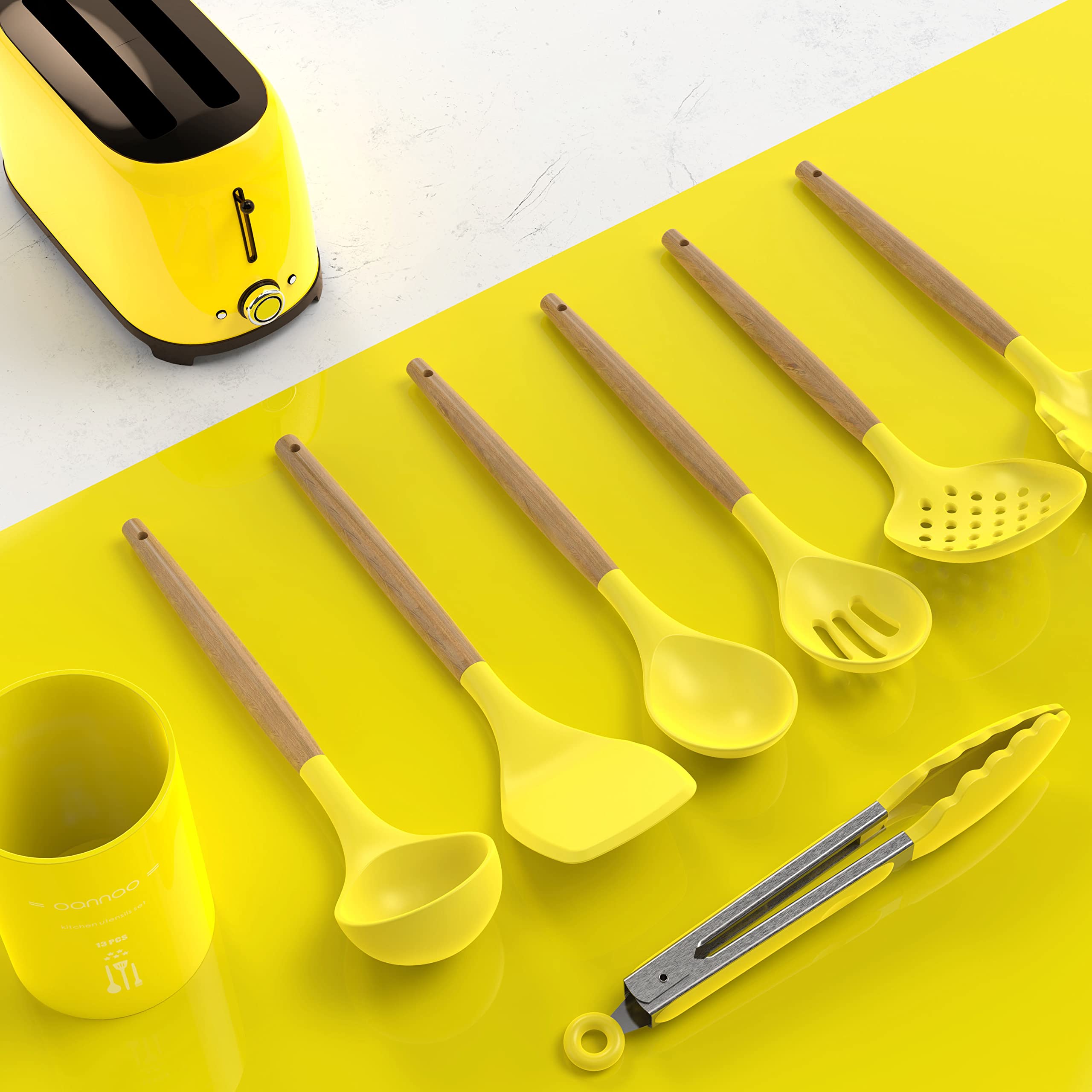 14 Pcs Silicone Cooking Utensils Kitchen Utensil Set - 446°F Heat Resistant,Turner Tongs,Spatula,Spoon,Brush,Whisk, Wooden Handles Yellow Kitchen Gadgets Tools Set for Nonstick Cookware (BPA Free)