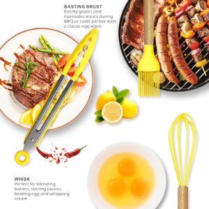 14 Pcs Silicone Cooking Utensils Kitchen Utensil Set - 446°F Heat Resistant,Turner Tongs,Spatula,Spoon,Brush,Whisk, Wooden Handles Yellow Kitchen Gadgets Tools Set for Nonstick Cookware (BPA Free)