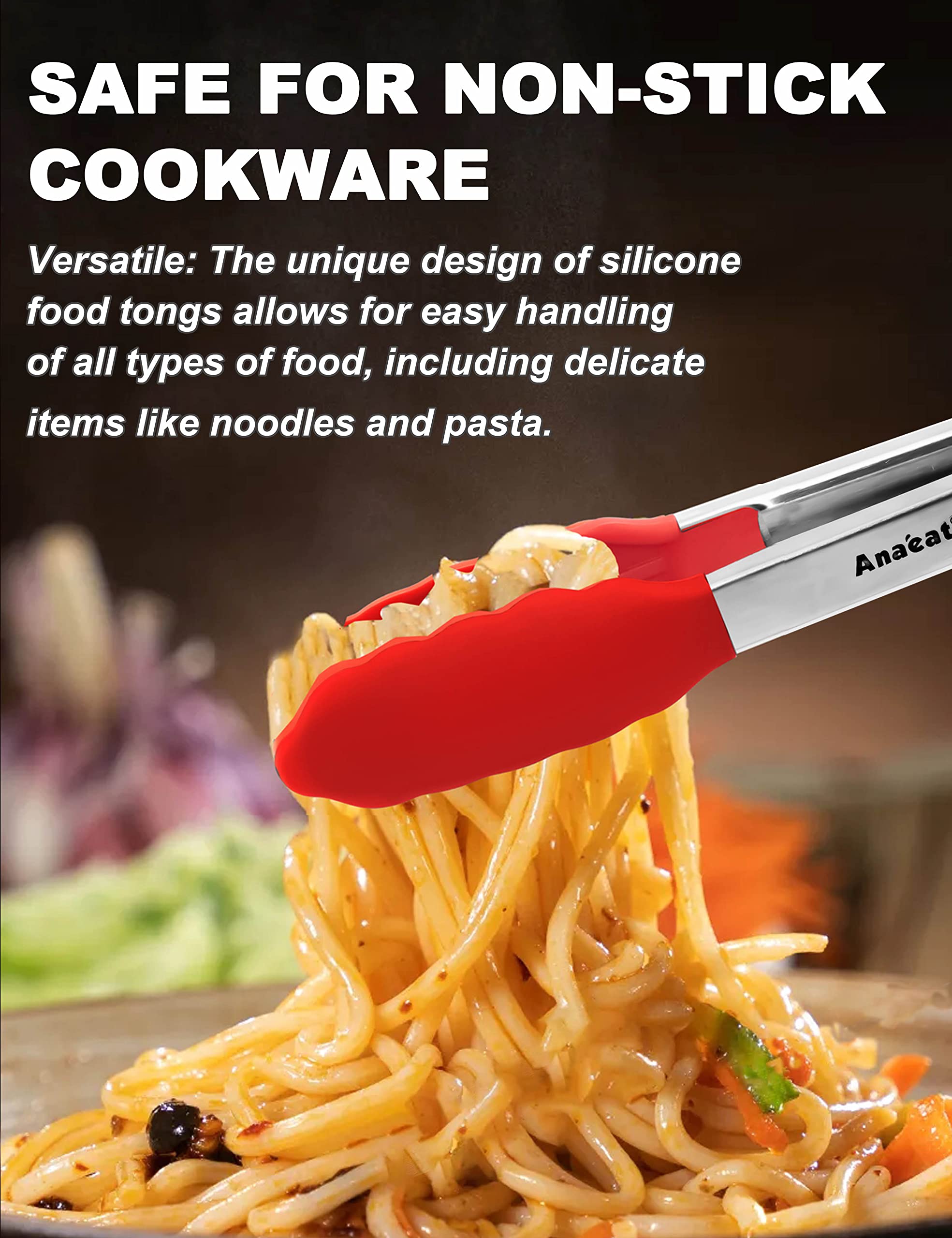 Anaeat Non-Stick Silicone Locking Tong Set of 3 - Stainless Steel 7", 9" and 12" Kitchen Food Tongs with Non-Slip Silicone Tips and Grip for Cooking, Baking and BBQ - Heat Resistant up to 480°F