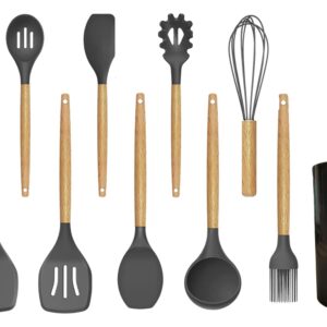 LaGrace O Naturel 12 Pcs Non-stick Silicone Kitchen Utensil Set – Wooden Spoons For Cooking - 446°F Heat Resistant Turner Tongs, Spatula, Spoon, Brush,