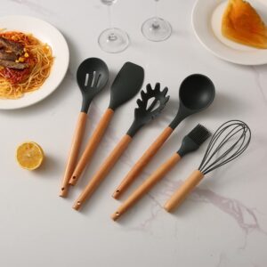 Kitchen Silicone Cooking Utensils Set with Wooden Handle. 446°F Heat Resistant, BPA free, Dishwasher Safe Non-Stick Silicone Kitchen Gadgets Cookware Set(12pcs Set) (Black)