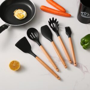 Kitchen Silicone Cooking Utensils Set with Wooden Handle. 446°F Heat Resistant, BPA free, Dishwasher Safe Non-Stick Silicone Kitchen Gadgets Cookware Set(12pcs Set) (Black)