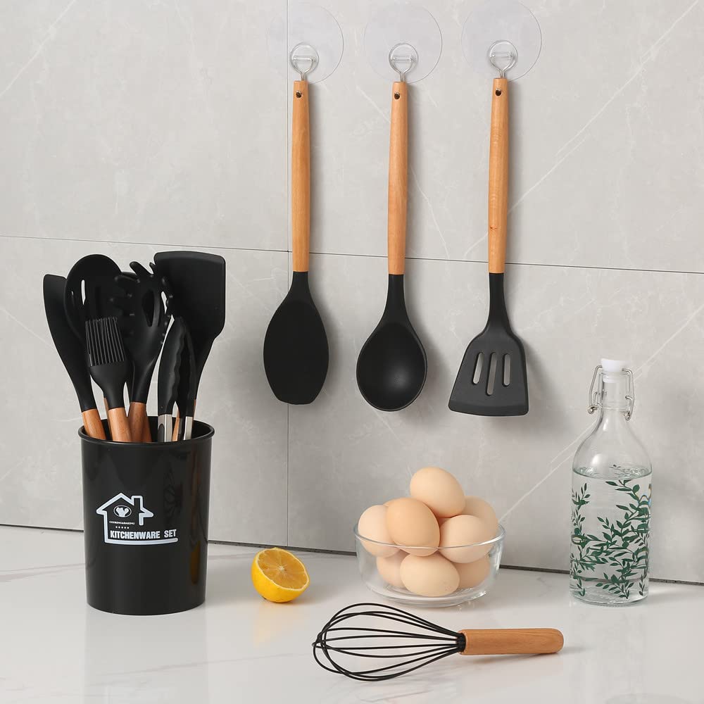 Kitchen Silicone Cooking Utensils Set with Wooden Handle. 446°F Heat Resistant, BPA free, Dishwasher Safe Non-Stick Silicone Kitchen Gadgets Cookware Set(12pcs Set) (Black)