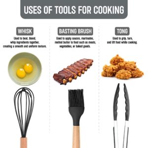 LaGrace O Naturel 12 Pcs Non-stick Silicone Kitchen Utensil Set – Wooden Spoons For Cooking - 446°F Heat Resistant Turner Tongs, Spatula, Spoon, Brush,