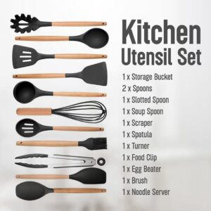 LaGrace O Naturel 12 Pcs Non-stick Silicone Kitchen Utensil Set – Wooden Spoons For Cooking - 446°F Heat Resistant Turner Tongs, Spatula, Spoon, Brush,