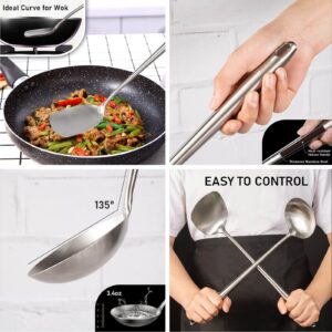 17Inch 304 Stainless Steel Kitchen Utensils Set, 6-Pieces All Metal Extra Long Handle Cooking Tools with Wok Spatula, Soup Ladle, Skimmer Spoon, Slotted Spatula Turner, Spaghetti Server, Solid Spoon