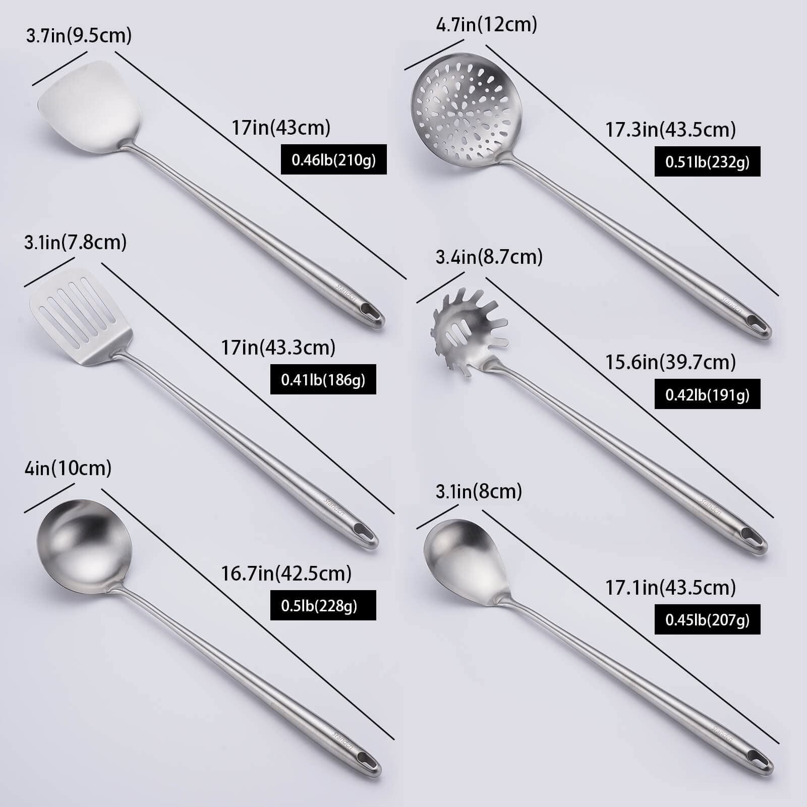 17Inch 304 Stainless Steel Kitchen Utensils Set, 6-Pieces All Metal Extra Long Handle Cooking Tools with Wok Spatula, Soup Ladle, Skimmer Spoon, Slotted Spatula Turner, Spaghetti Server, Solid Spoon