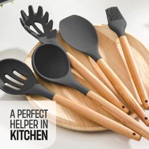 LaGrace O Naturel 12 Pcs Non-stick Silicone Kitchen Utensil Set – Wooden Spoons For Cooking - 446°F Heat Resistant Turner Tongs, Spatula, Spoon, Brush,