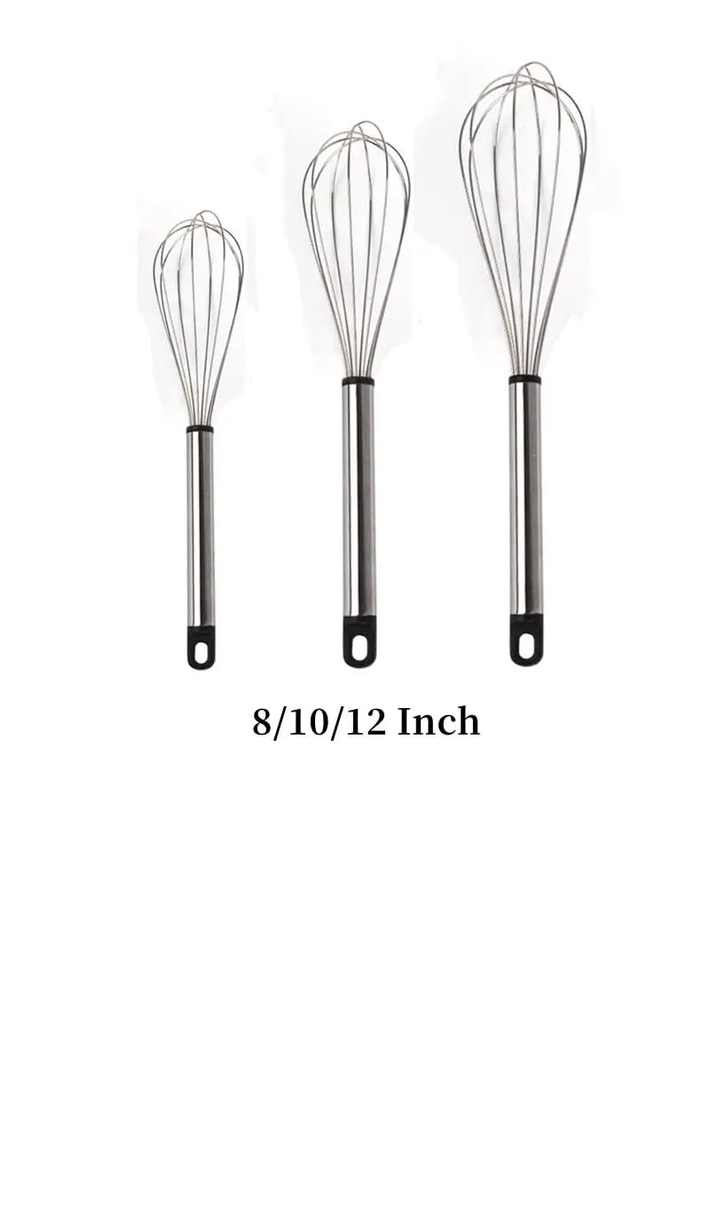 Stainless Steel Whisks(8,10 and 12 inches) Egg Beater Whisk for Baking and Cooking - Compact, Durable, and Versatile Kitchen Utensil for Mixing, Blending, and Whisking Ingredients