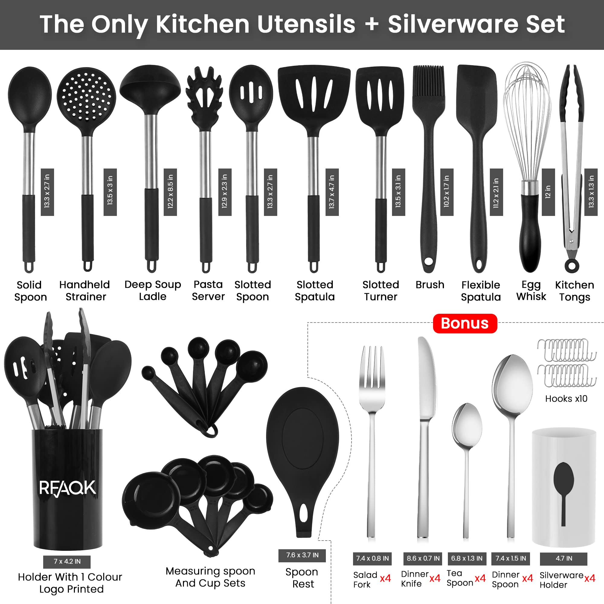 Dishwasher Safe Kitchen Utensils Set with Silverware, RFAQK 50PCs Silicone Cooking Utensils Set With Holder, Nonstick & Heat Resistant, Kitchen Gadgets,Kitchen Essentials for New Home