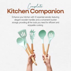 Silicone Cooking Set, 12 pcs Kitchen Utensils Set, Wooden Handle, Bucket Storage, High-Temperature Resistance, Scratch-Free, Cooking Spoons for Nonstick, Best Kitchen Tools, 1st Apartment Kitchen