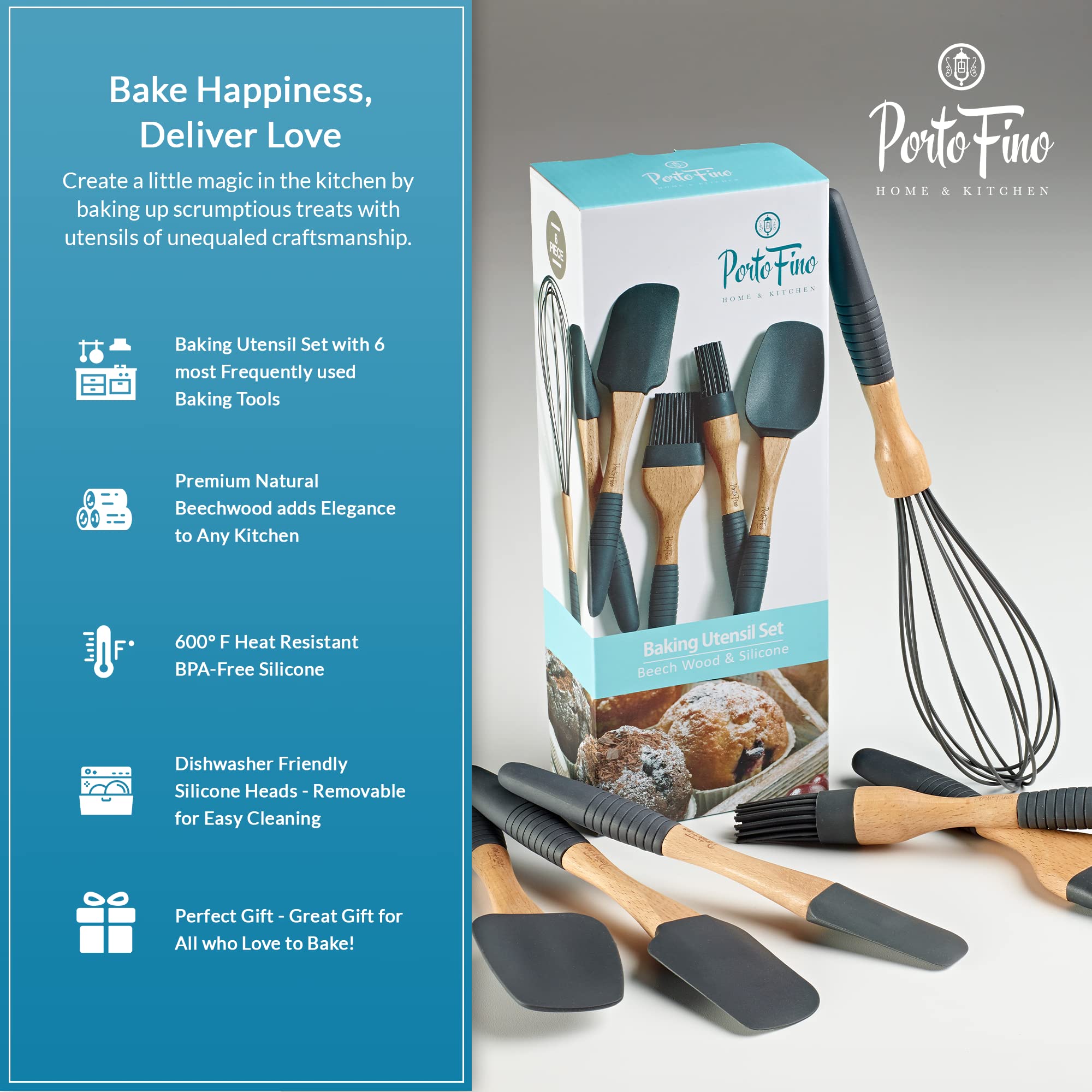 PortoFino Baking Set - Kitchen Utensils - 6 Pcs Silicone Kitchen Utensils Set - Kitchen Essentials with 3 Silicone Spatula 2 Pastry Brush 1 Whisk - Spatula Set - Mothers Day Gifts - Gifts for Women