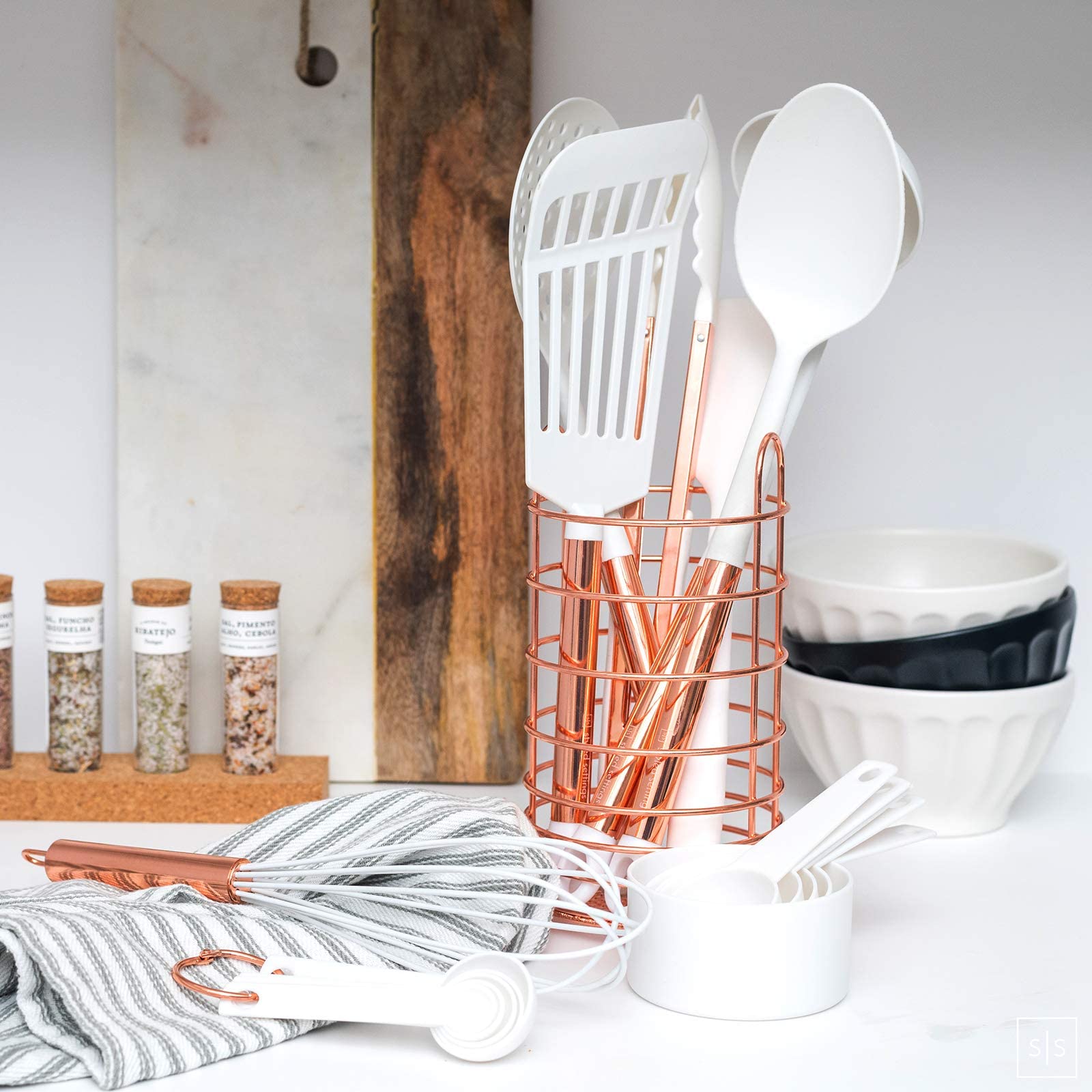 White and Copper Kitchen Utensils - 18 PC Copper Cooking Utensils Set Includes Copper Utensil Holder, White & Copper Measuring Cups and Spoons, Rose Gold Kitchen Utensils - Copper Kitchen Accessories