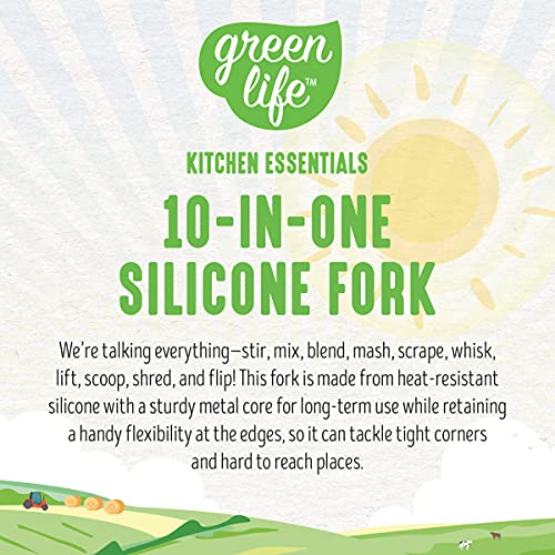 GreenLife Cooking Tools and Utensils, 10-in-1 Silicone Fork to Stir Mix Mash and Scrape, Heat and Stain Resistant, Dishwasher Safe, Soft Pink