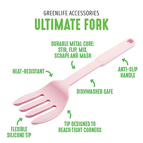 GreenLife Cooking Tools and Utensils, 10-in-1 Silicone Fork to Stir Mix Mash and Scrape, Heat and Stain Resistant, Dishwasher Safe, Soft Pink