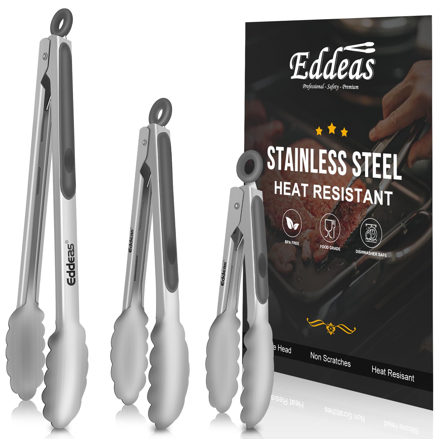 EDDEAS Tongs For Cooking - Heat Resistant 600 Degrees Stainless Steel Kitchen Tong,Heavy Duty Metal Locking Tongs - Perfect for Food, BBQ set of 3 (7",9" and 12") Grey