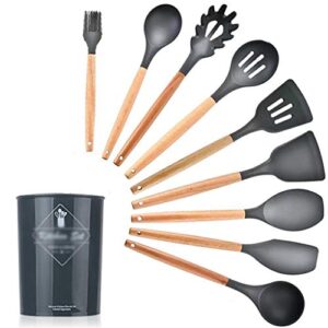 classic 9 pcs silicone kitchen utensil set bpa free non toxic cooking utensils wooden handle with storage box kitchen tools