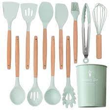Silicone Cooking Utensils Kitchen Utensil Set, 12 PCS Wooden Handle Nontoxic BPA Free Silicone Spoon Spatula Turner Tongs Kitchen Gadgets Utensil Set for Nonstick Cookware with Holder (Light Green)