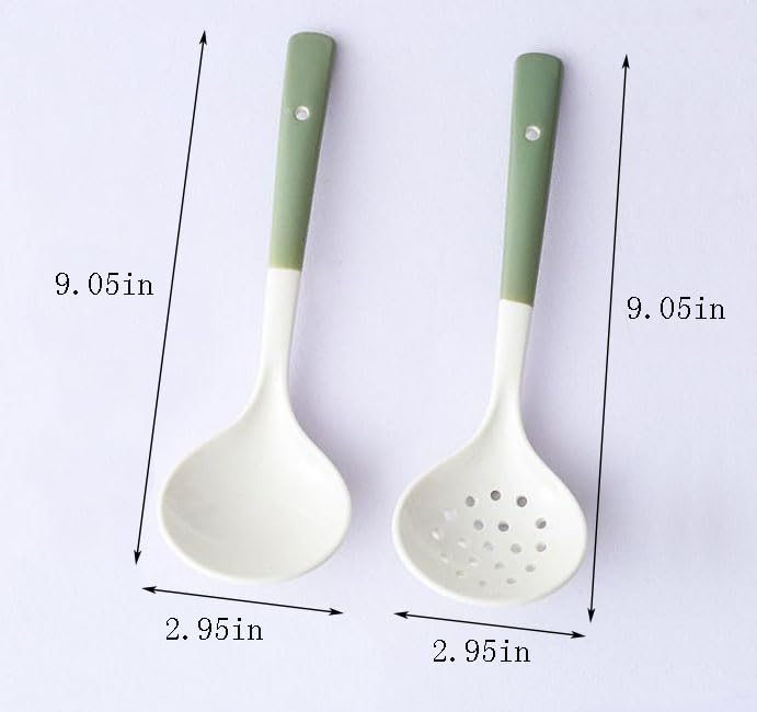 Ceramic Soup Ladle Spoon Set Of 2,Hot Pot Accessories Kit Soup Ladle Skimmer Spoon Slotted Cooking Utensil For Cooking Stirring (Green)