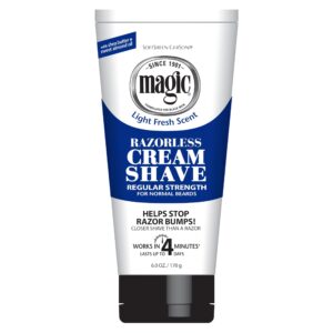 softsheen-carson magic razorless shaving cream for men, hair removal cream, regular strength for normal beards, no razor needed, depilatory cream works in 4 minutes, 6 oz