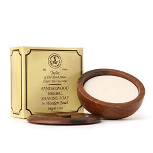 taylor of old bond street sandalwood shaving soap in a wooden bowl, 3.5 oz.