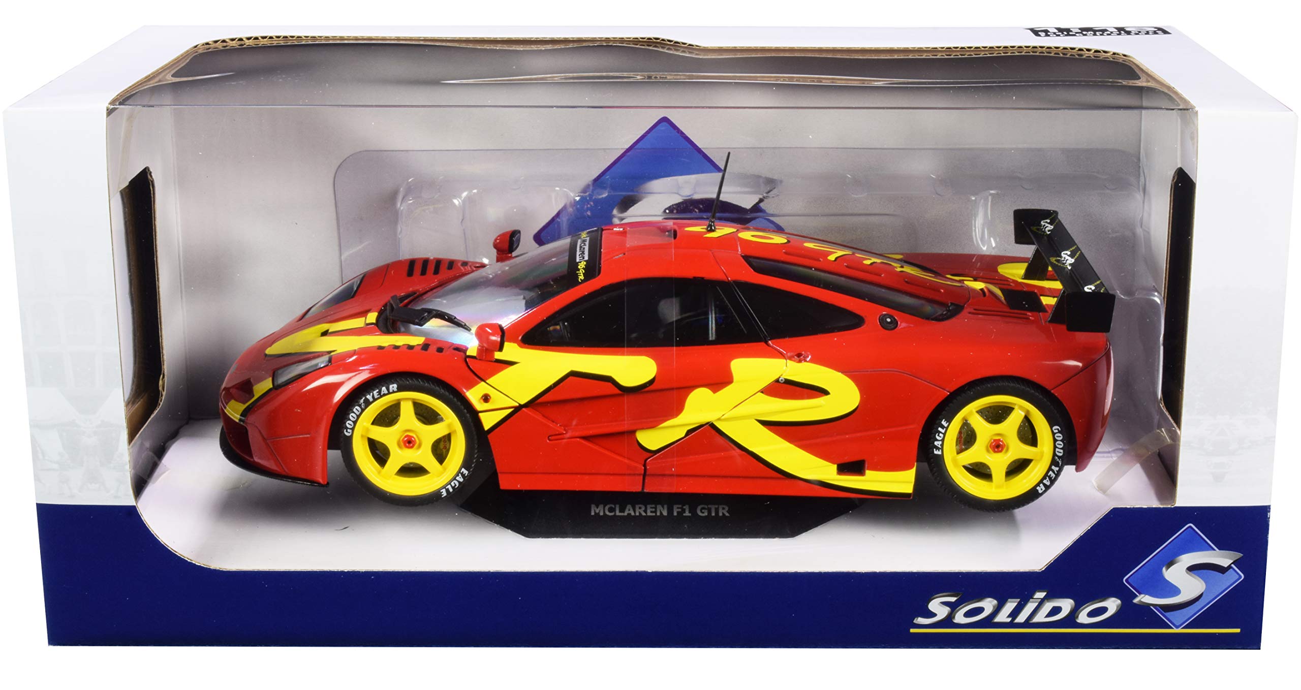 1996 McLaren F1 GTR Short Tail Launch Livery Red with Yellow Graphics 1/18 Diecast Model Car by Solido S1804102