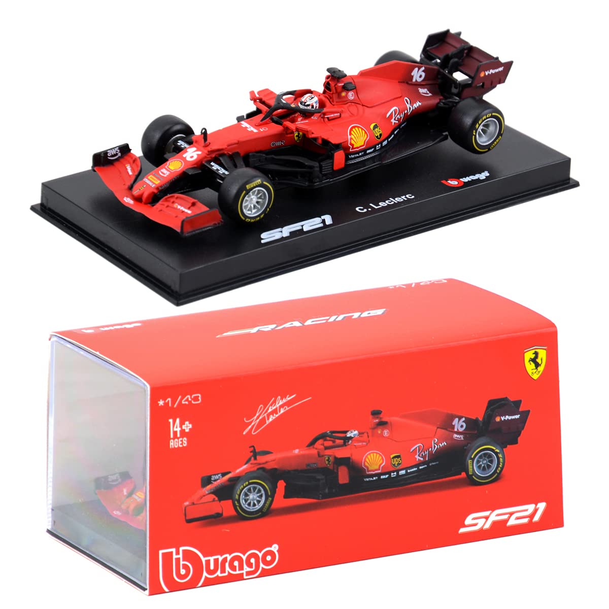 HTLNUZD 1:43 Bburago 2021 SF21 F1#16 Charles Leclerc 1/43 Static Simulation Diecast Alloy F1 Formula Collectible Toy Car Model (Hardcover SF21#16)