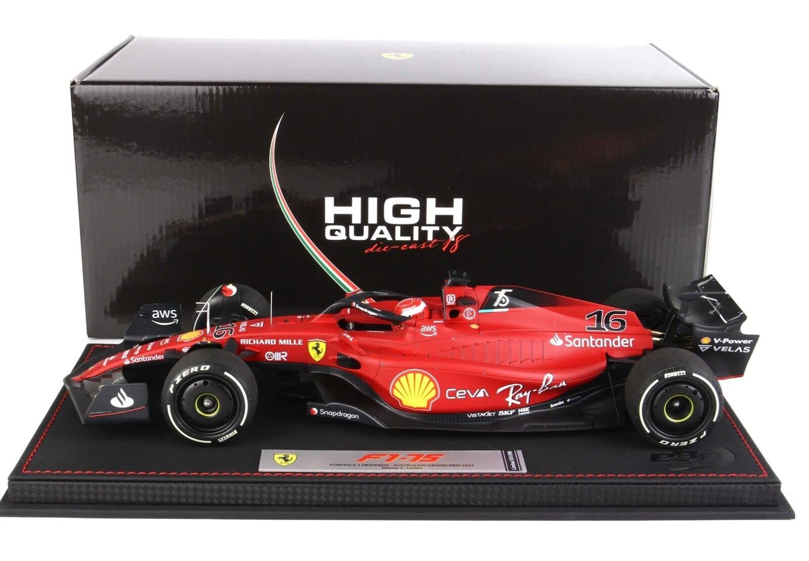 BBR F1-75#16 Charles Leclerc Winner Formula One F1 Bahrain GP (2022) Limited Edition to 550 Pieces Worldwide with Acrylic Display Case 1/18 Diecast Model Car BBR221826DIE